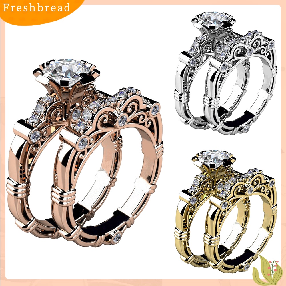 &lt; Freshbread &gt; 2Pcs/Set Pertunangan Pernikahan Retro Wanita Berlian Imitasi Ukir Jari Cincin Perhiasan