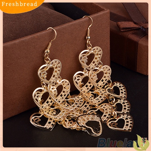 < Freshbread > Fashion Wanita Berongga Multilayer Manis Hati Menjuntai Kait Anting Panjang Perhiasan