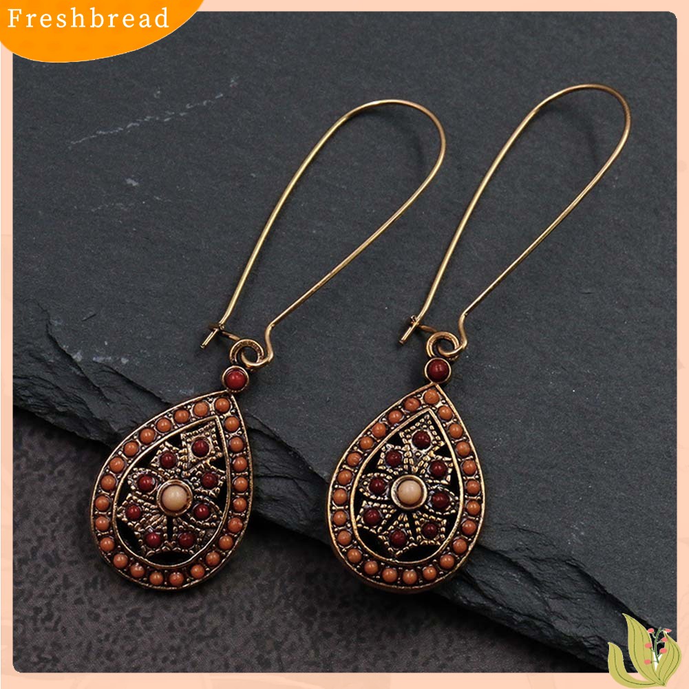 &lt; Freshbread &gt; Bohemian Wanita Manik-Manik Faux Turquoise Hias Hollow Teardrop Menjuntai Kait Anting