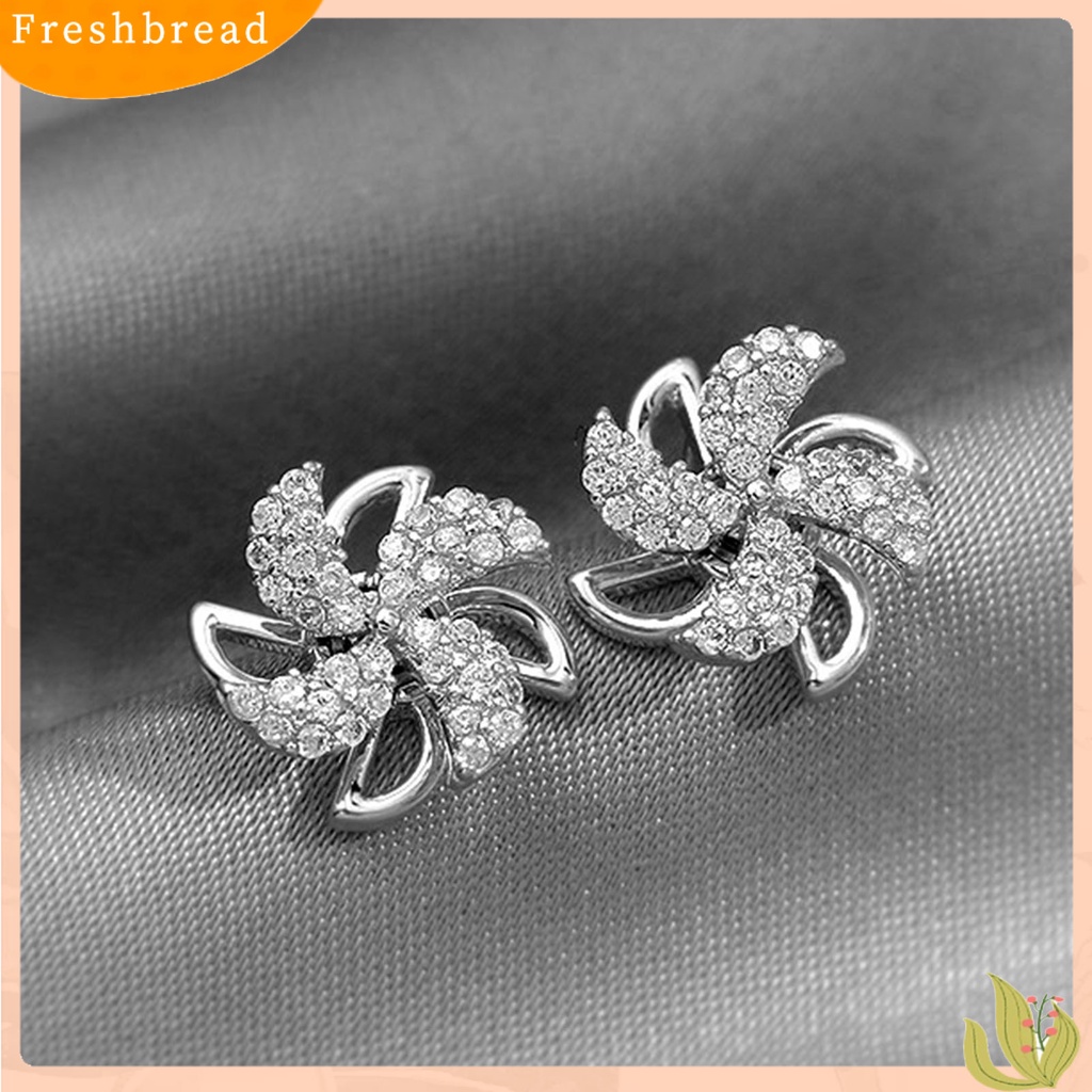 &lt; Freshbread &gt; Ear Studs Rotating Windmill Shape Rhinestone Gaya Korea Shiny All Match Stud Earrings Aksesoris Perhiasan