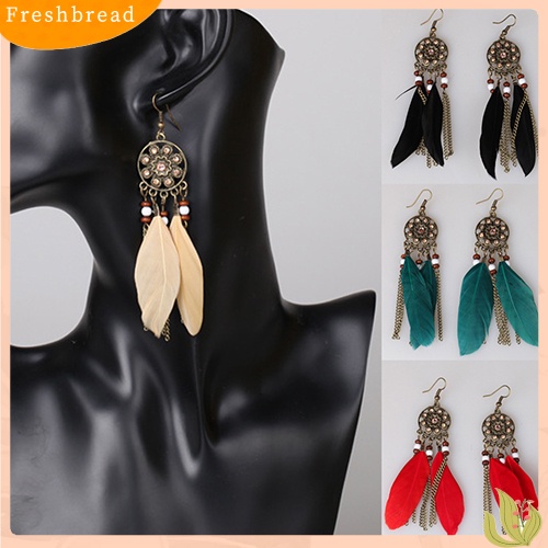 &lt; Freshbread &gt; Wanita Vintage Bohemia Etnik Dream Catcher Bulu Jumbai Anting Kait Panjang