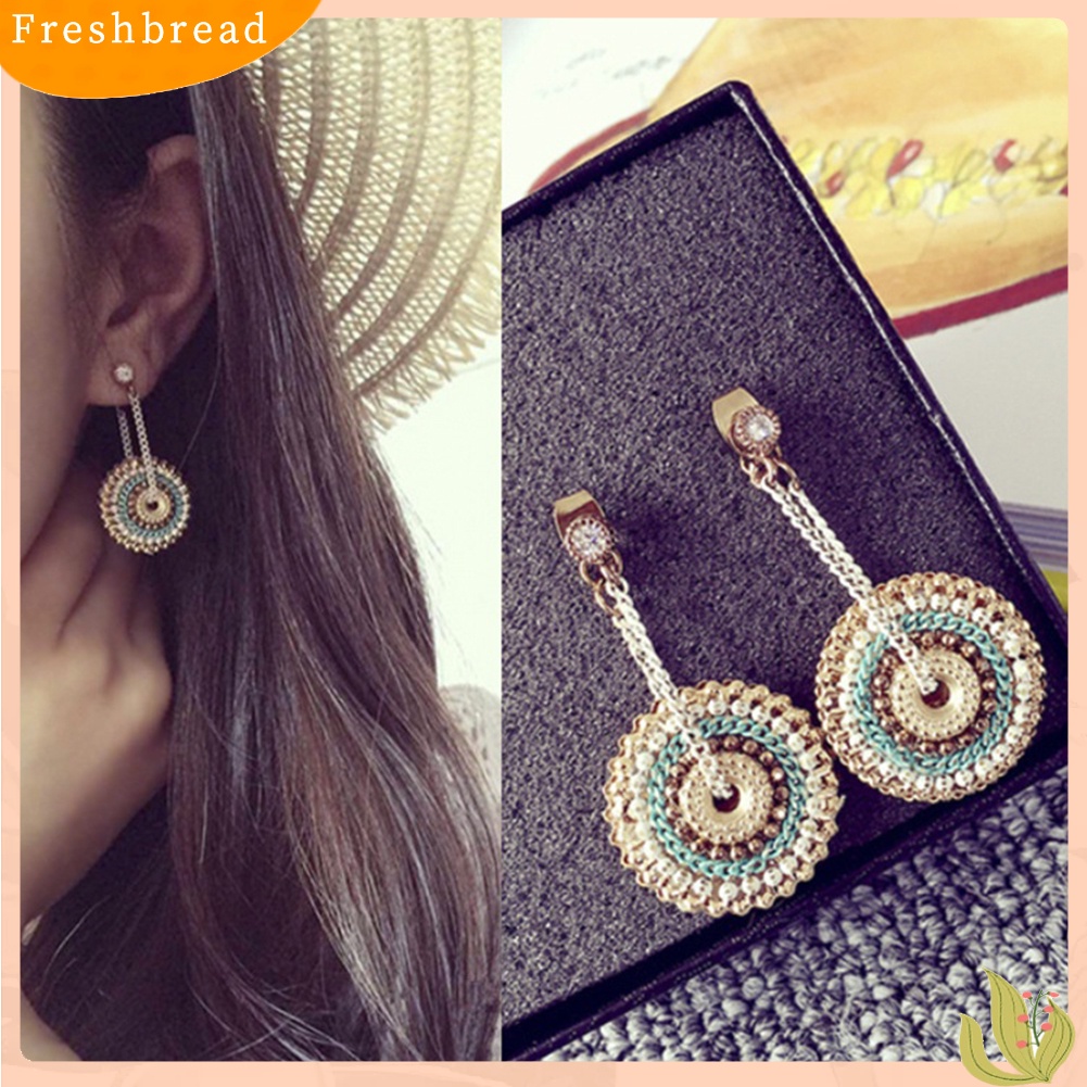 &lt; Freshbread &gt; Wanita Bohemian Bulat Buatan Tangan Liontin Drop Menjuntai Berlian Imitasi Eardrop Anting