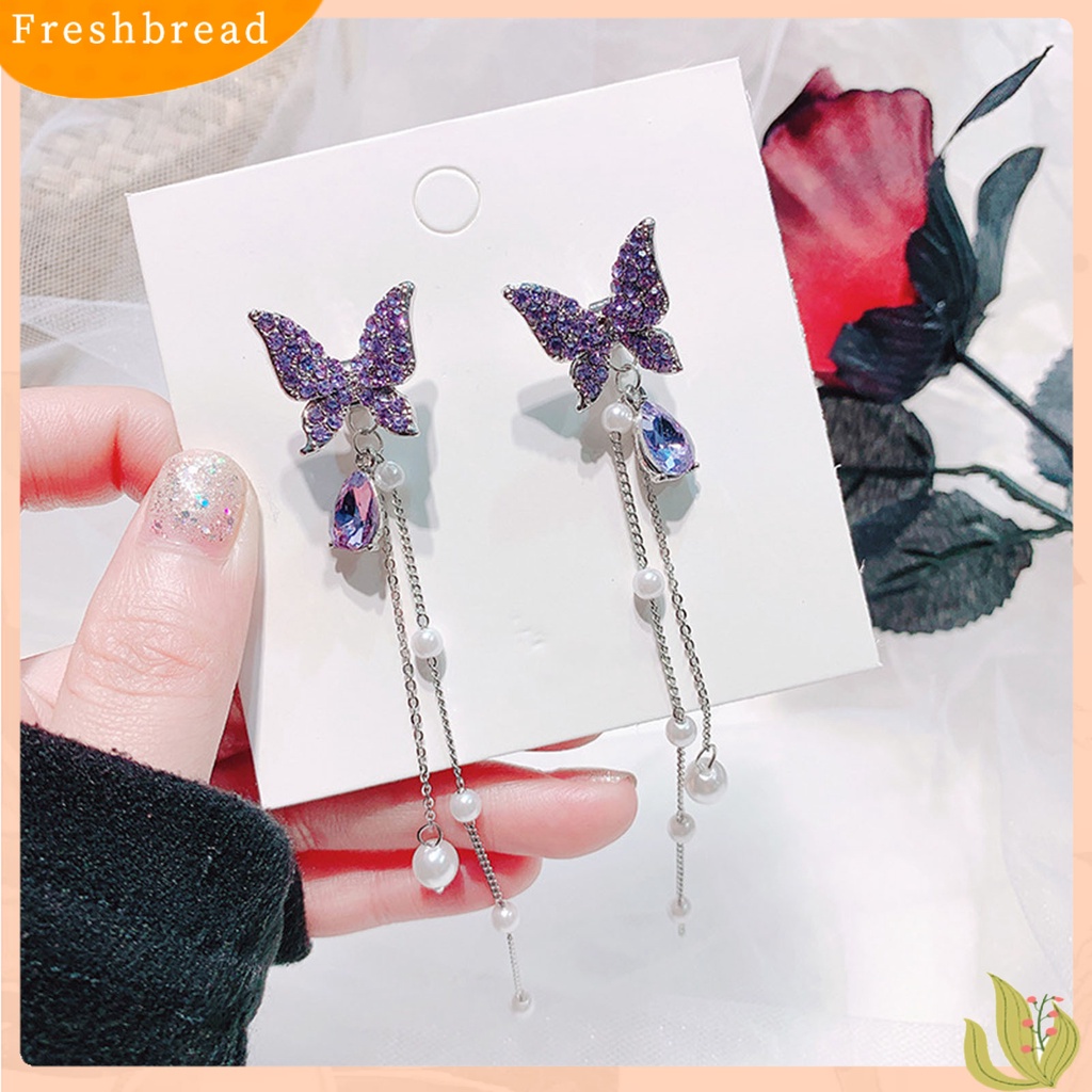 &lt; Freshbread &gt; 1pasang Berlian Imitasi Bersinar Rantai Rumbai Lady Earrings Hidup Kupu-Kupu Mutiara Imitasi Stud Earrings Elegan Earrings