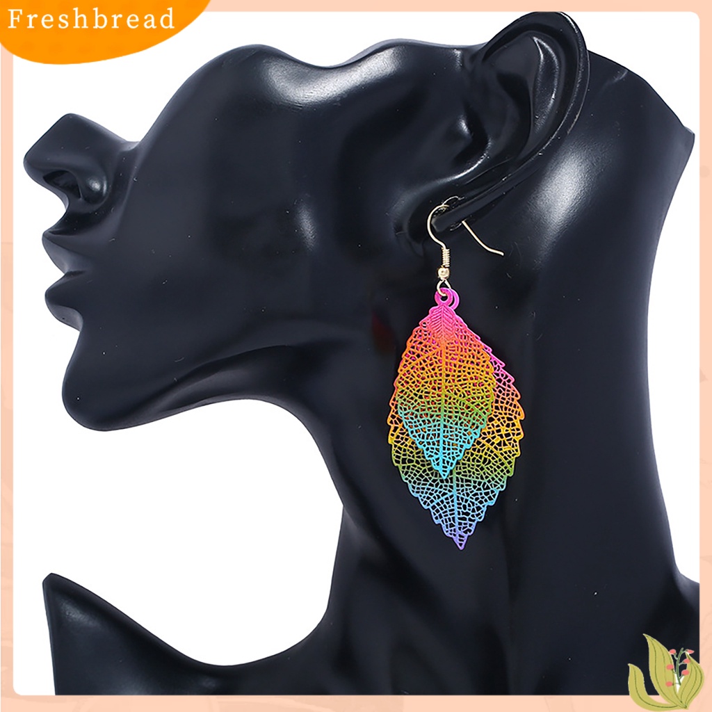 &lt; Freshbread &gt; 1pasang Menjuntai Anting Vintage Boho Panjang Fringe Berongga Keluar Warna-Warni Hias Hadiah Ulang Tahun Wanita Lapisan Ganda Daun Liontin Kait Anting Perhiasan Aksesoris