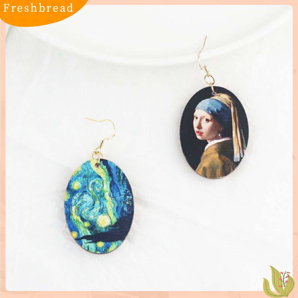 &lt; Freshbread &gt; Wanita Oval Enamel Niche Lukisan Minyak Asimetris Liontin Kayu Anting Kait