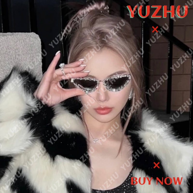 (YUZHU) Niche Cahaya Mewah Mata Kucing Berlian Kacamata Hitam Untuk Wanita INS Gaya High-end Bingkai Logam Butterfly Sunglasses