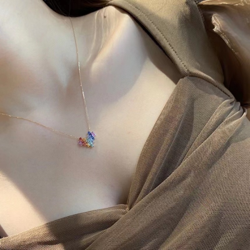 Goldkingdom Fashion Perhiasan Aksesoris Ready Stock Permen Tanpa Batas Bertatahkan Safir Berbentuk Hati Liontin Kalung Cahaya Perhiasan Mewah Harian Kecil Warna-Warni Kalung Perempuan