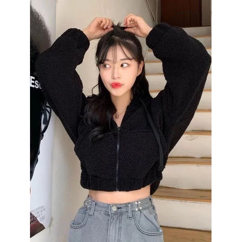 Jaket Sherpa Crop Zipper Hoodie Wanita / Jaket Hoodie Bulu Wanita Kuping Beruang