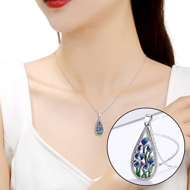 Kalung Enamel Bunga Biru Kreatif Fashion Liontin Berbentuk Tetesan Air Dengan Perhiasan Statement Hadiah Unik CZ Untuk Wanita