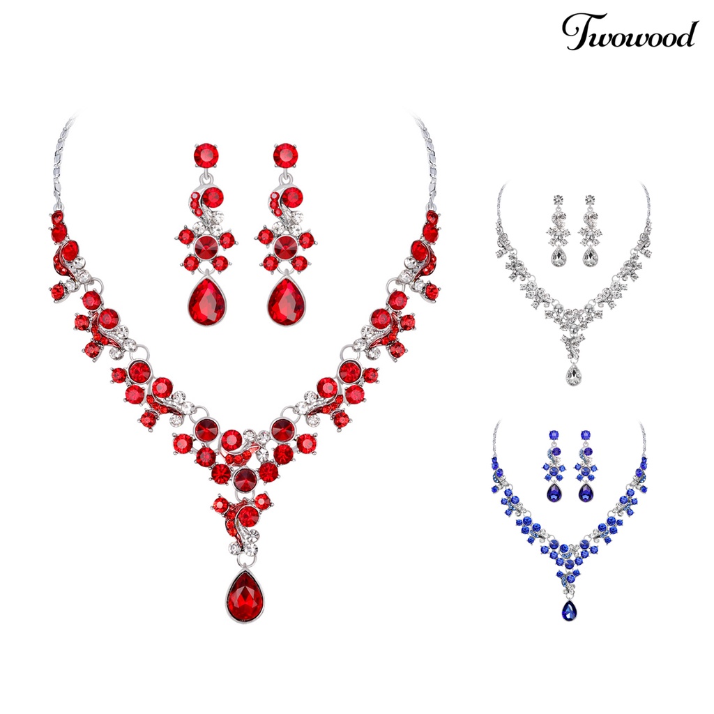 Twowood Wanita Prom Pernikahan Bridal Faux Kristal Berlian Imitasi Kalung Anting Set Perhiasan