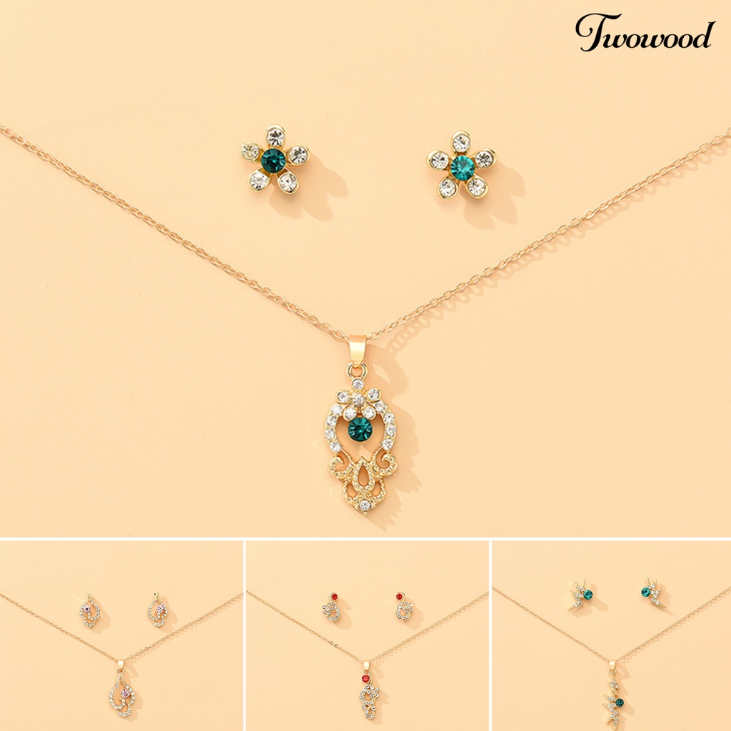 Twowood 1set Wanita Kalung Anting Geometris Elegan Hias Sparkling Adjustable Perhiasan Hadiah Faux Gem Lady Fashion Berlian Imitasi Mengkilap Liontin Kalung Anting Untuk Pesta