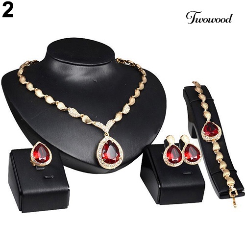 Twowood Wanita Fashion Berlian Imitasi Liontin Kalung Cincin Gelang Anting Set Perhiasan