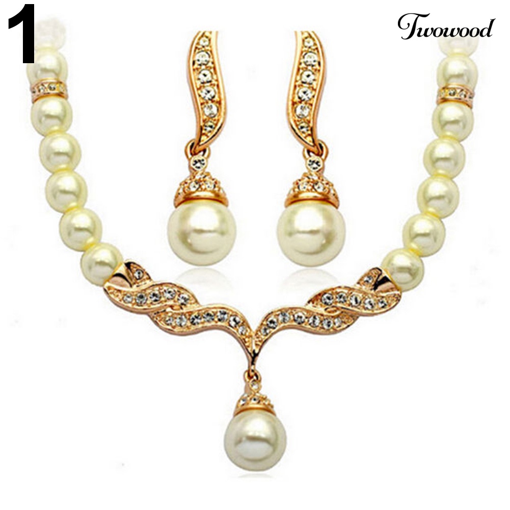 Twowood Bridal Wanita Kalung Mutiara Imitasi Berlian Imitasi Charms Pernikahan Anting Set Perhiasan