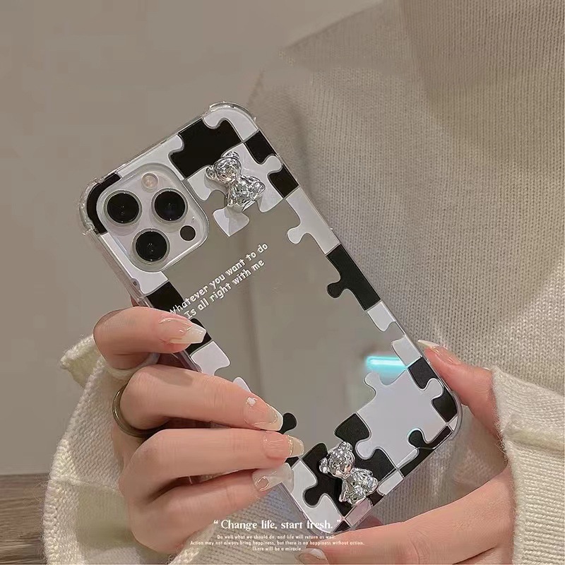 IPHONE 3d Electroplated Bear Warna Kontras Puzzle Phone Mirror Case Cover Untuk Iphone7 8 PLUS X XR XS 11 12 13 MINI PRO MAX SE 2020