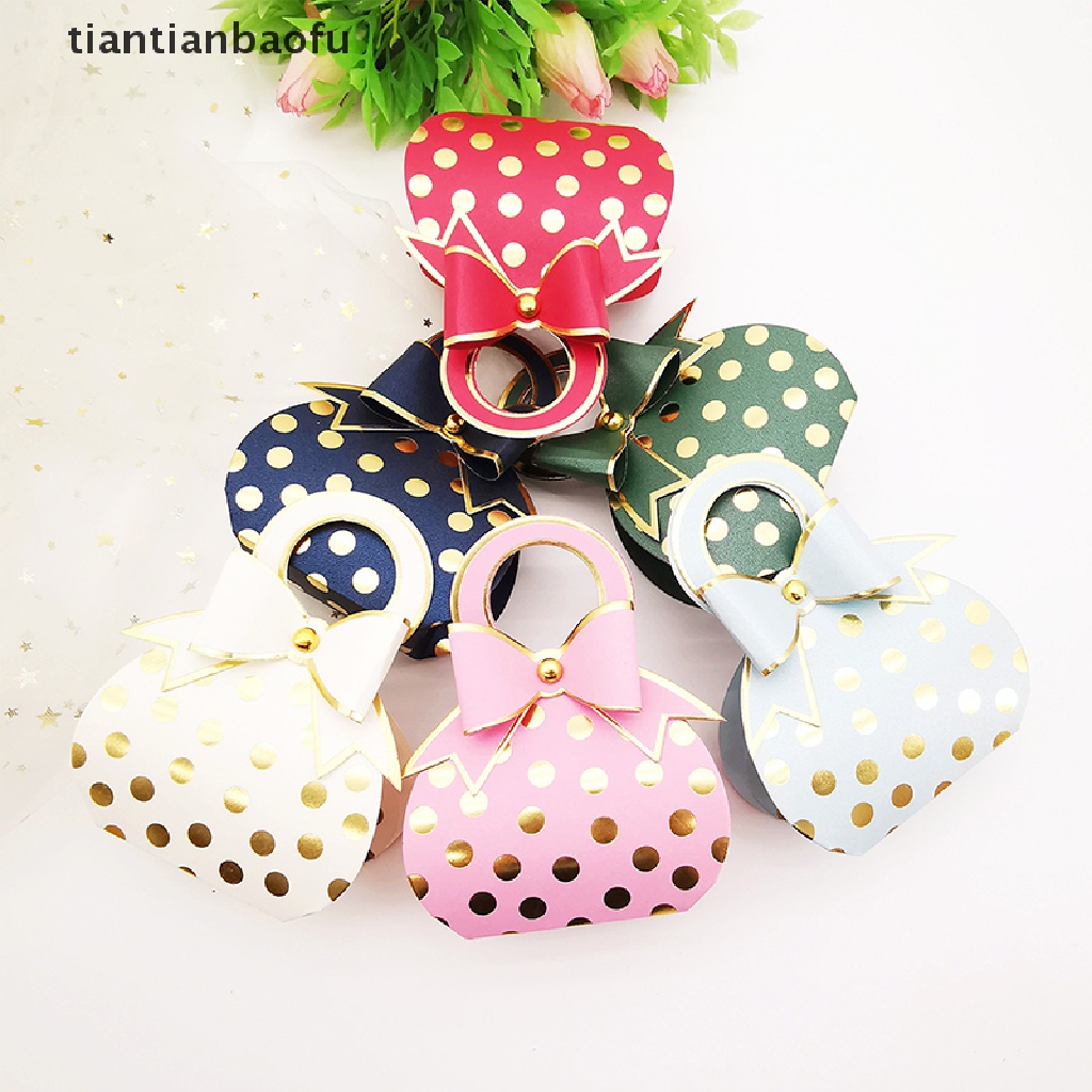 [tiantianbaofu] 10pcs Gold Dot Candy Gift Box Baby Shower Pernikahan Dragee Paper Box Dengan Pegangan Butik