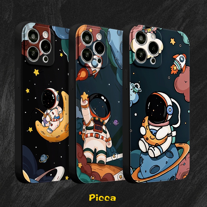 IPHONE Trendy Merek NASA Lucu Kartun Astronot Case Kompatibel Untuk Iphone11 13 12 14 Pro Max 6 7 8 6S Plus XR X XS Max SE 2020 Tepi Lurus Lembut Tpu Phone Cover