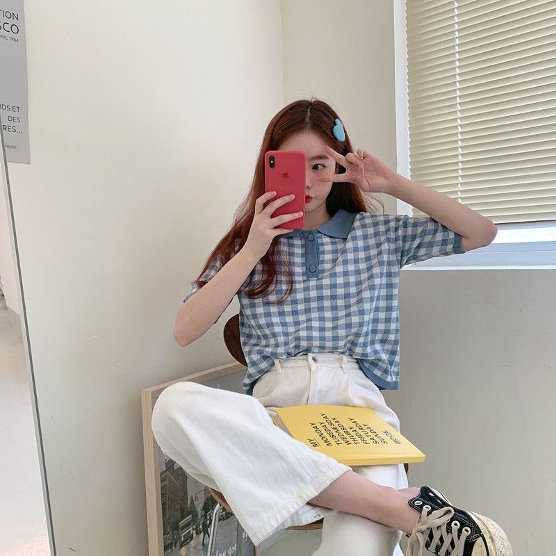 TOPGROSI TG1689 Atasan Knit Kotak Kotak Berkerah Import Crop Top Wanita Lengan Pendek Rajut Nyaman