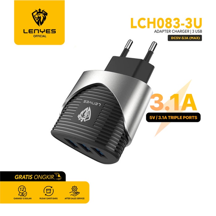 Kepala Charger LENYES LCH0833U 3.1A 3 USB Fast Charging 3.0 Original original kabel cable casan travel charger tc android usb charger micro usb type c batok kepala charger