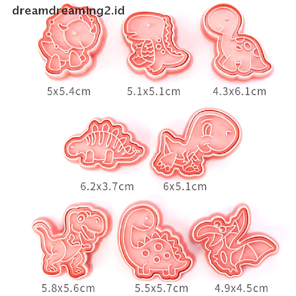 (hot) 8pcs/set Kartun Dinosaurus Cookie Pemotong 3D Plastik Pressable Biskuit Cetakan Cookie Stamp Dapur Baking Pastry Bakeware Alat Perlengkapan Baking DIY//