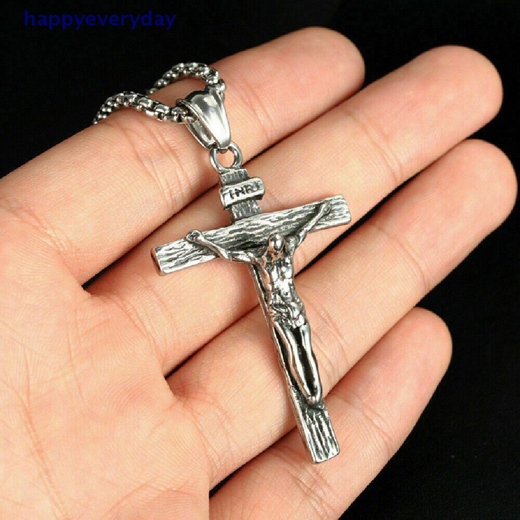 [happy] Mens Silver Stainless Steel Rantai Kalung Liontin Salib Yesus Kristus Salib [ID]