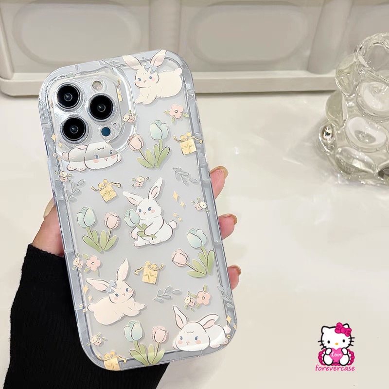 IPHONE Ins Bunga Segar Lucu Kartun Kelinci Case Kompatibel Untuk Iphone11 13 12 14 Pro MAX XR 6 6S Plus 7Plus 8Plus XS X MAX Airbag Shockproof Transparan Lembut Kawaii Phone Shell Case