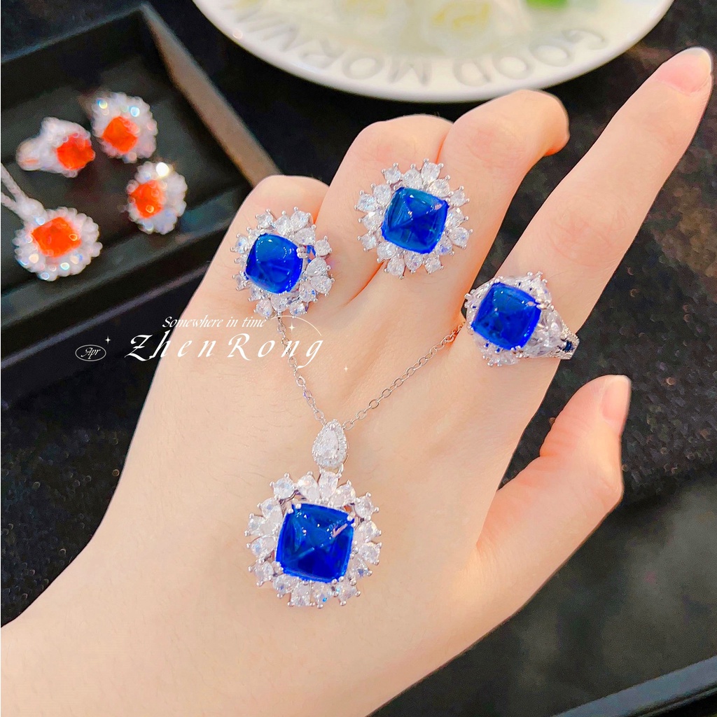 Goldkingdom Aksesoris Perhiasan Fashion Ready Stock Sederhana Menara Gula Set Anting Royal Biru Liontin Kalung Zamrud Cincin Ruby