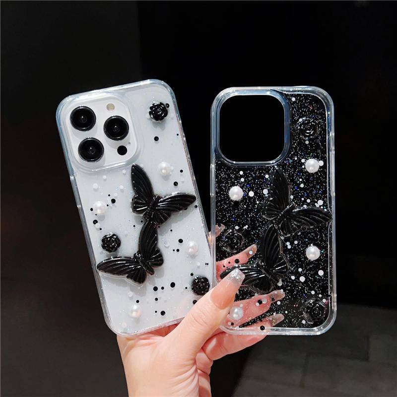 IPHONE Casing Ponsel Kupu-Kupu Mutiara Bling Glitter 3D Untuk Iphone14 13 12 11 Pro Max 14Plus Beauty Rose Transparan Epoxy Shockproof Cover