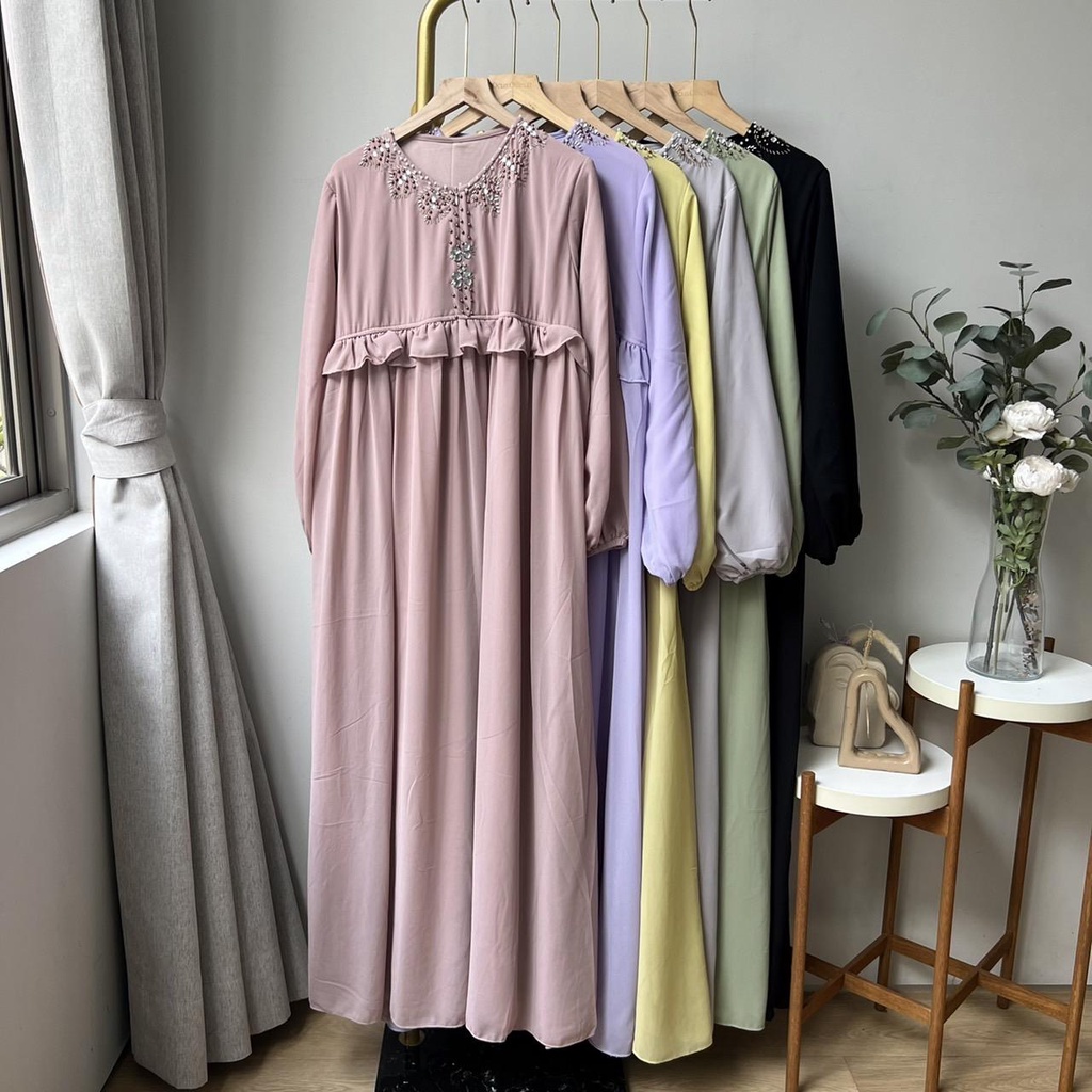 Oclo Naesiva Dress Chiffon Manik Ruffle Pinggang Gamis Wanita Terbaru OCL00892