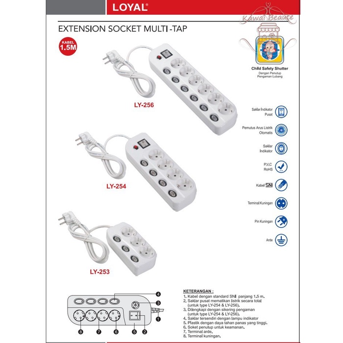 Stop Kontak Multi Tap + Saklar Kabel 1,5M LY-253 254 256 - LOYAL