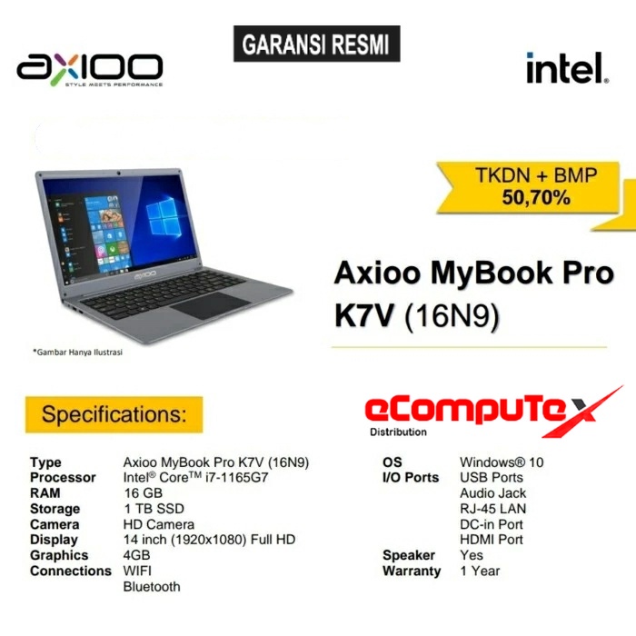 LAPTOP AXIOO MYBOOK PRO K7V (16N9-3) i7 16GB 1TB 14&quot;FHD IPS TKDN GARANSI RESMI