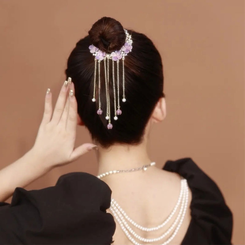 Korea Elegan Populer Amethyst Bunga Jepit Rambut Bola Kepala Ponytail Rambut Jepit Gesper Berlian Imitasi Mutiara Rumbai Hair Claw Artefak Untuk Wanita Ornamen