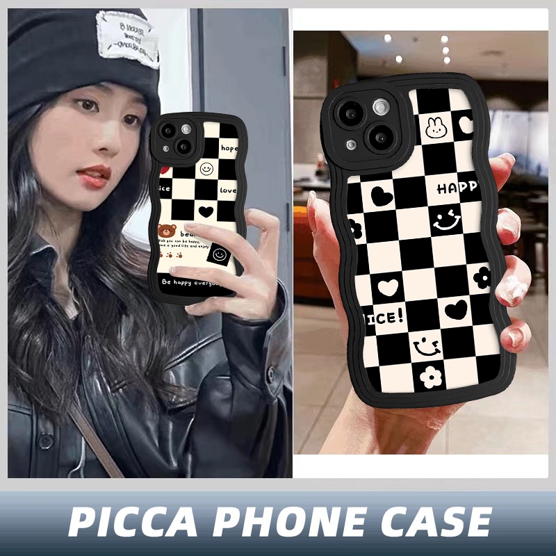 Redmi Note11 10 9 8 11Pro 10s 11s 9s 10Pro Max Redmi A1+10C 9A 9T 9 10A 9C A1 10 POCO M3 X3 NFC Pro Mi 11T Pro Smile Love Heart Chessboard Beruang Lucu Couple Lembut Bergelombang Tepi Sarung