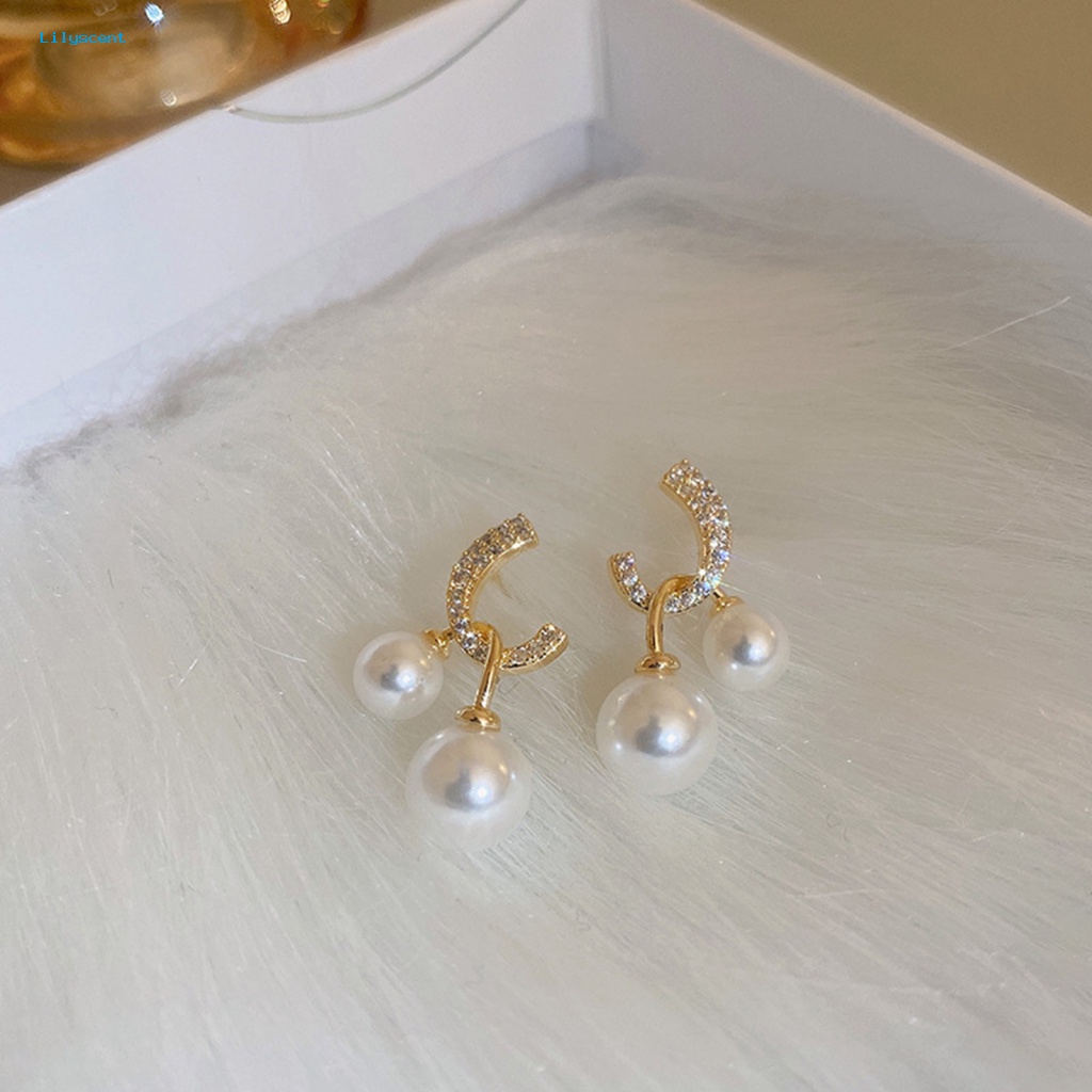 Lilyscent 1pasang Padat Wanita Anting Fashion Perhiasan Mempesona Berlian Imitasi Stud Earrings Dual Faux Pearls