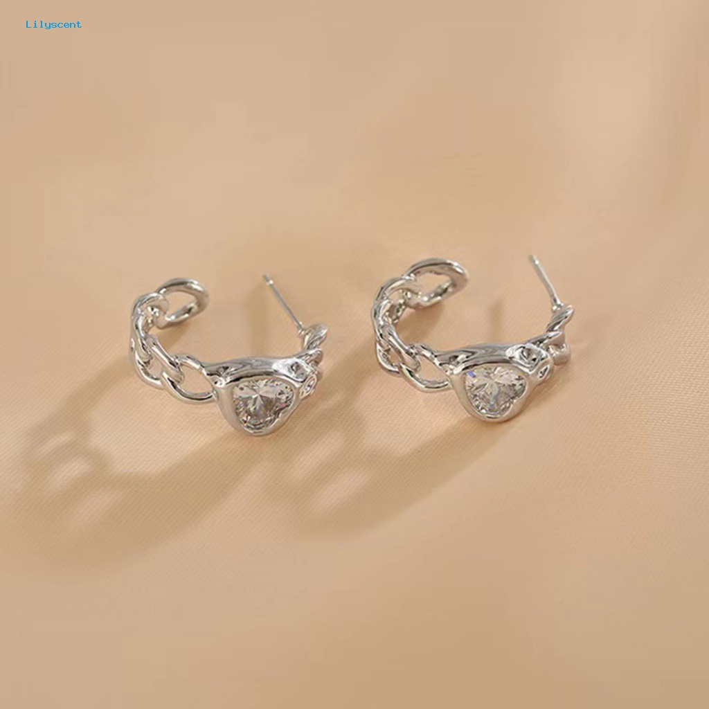 Lilyscent 1pasang Ear Studs Ringan Aksesoris Perhiasan Cinta Mengkilap Cubic Zirconia Klip Anting Rantai Berongga