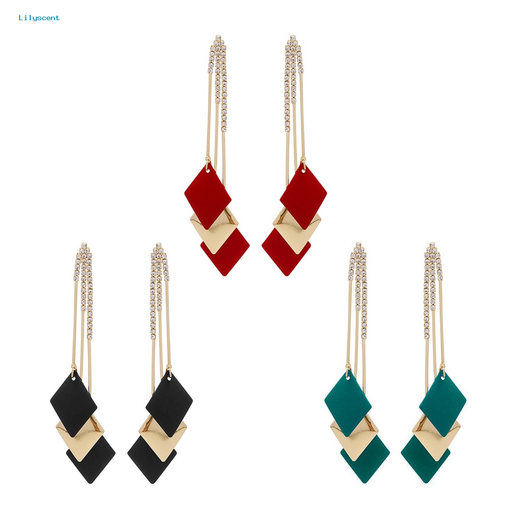 Lilyscent 1pasang All-match Anting Rumbai Aksesori Perhiasan Belah Ketupat Berlian Imitasi Ear Stud Anting Rumbai Panjang Anti-Alergi