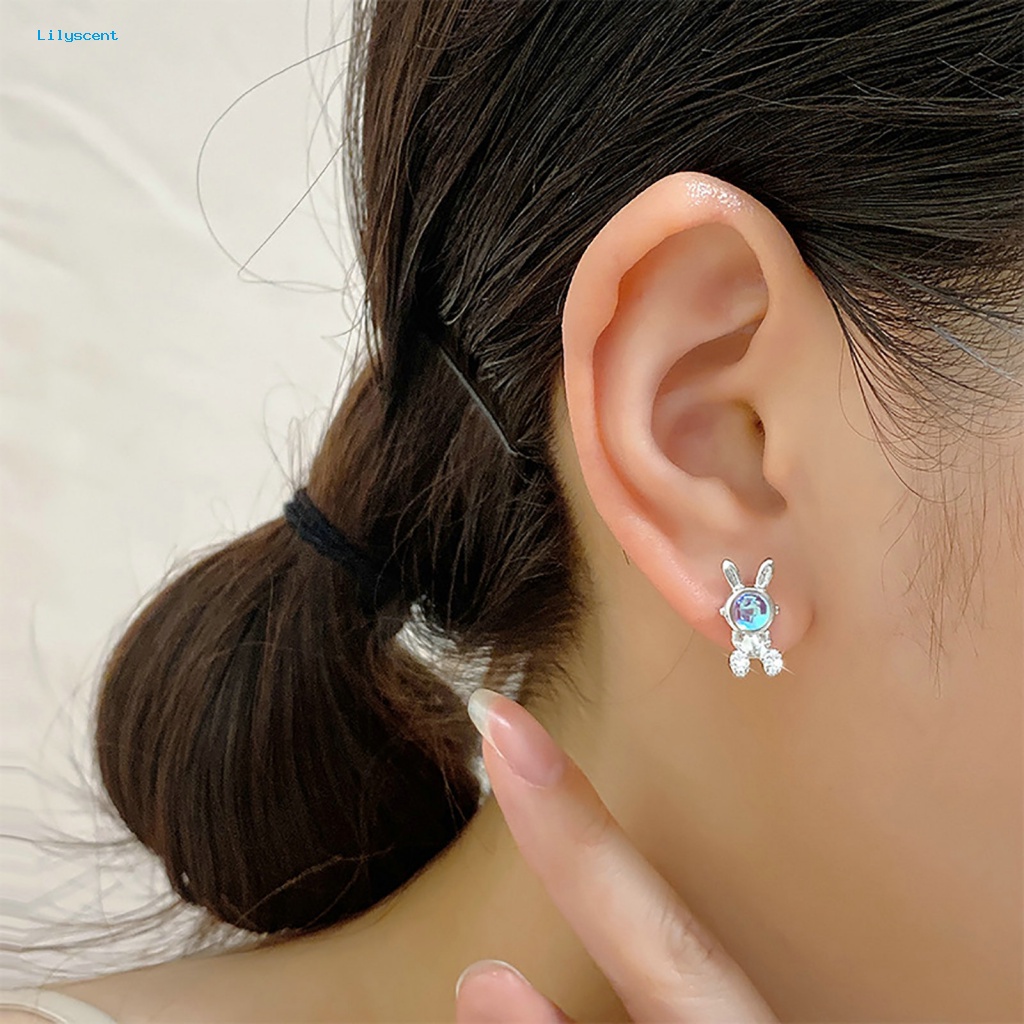 Lilyscent 1pasang Giwang Telinga Tembaga Perhiasan Aksesoris Berlian Imitasi Hias Kelinci Bunny Ear Studs Warna Silver