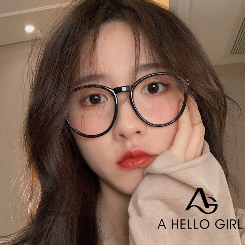 Hello Girl Kacamata Frame Bulat Lensa Flat Warna Coklat Polos Gaya Korea / Retro Untuk Wanita