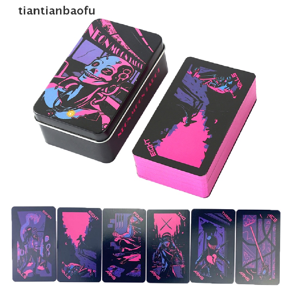 [tiantianbaofu] Kotak Besi Neon Bulan Tarot Kartu Ramalan Ramalan Deck Party Game Card w/Butik Manual