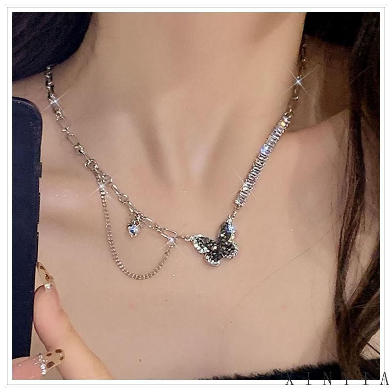 【Bayar di tempat】Kalung Rantai Choker Desain Kupu-Kupu Hati Rumbai 17KM Bahan Zirkon Warna Hitam Untuk Wanita