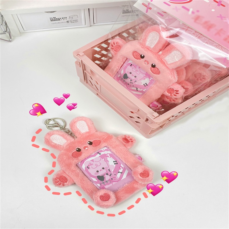 Kpop Idol Card Holder Ins Kawaii Pink Rabbit Plush Card Holder Kartun Goo Card Display Liontin ID Card Kantong Penyimpanan Untuk Alat Tulis Siswa Perlengkapan Sekolah