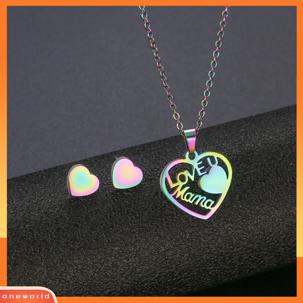 [ONE] 2 Pcs/Set Wanita Kalung Berongga Cinta U Mama Hadiah Hari Ibu Warna Pelangi Cinta Kecil Hati Telinga Studs Earrings Kit Fashion Perhiasan