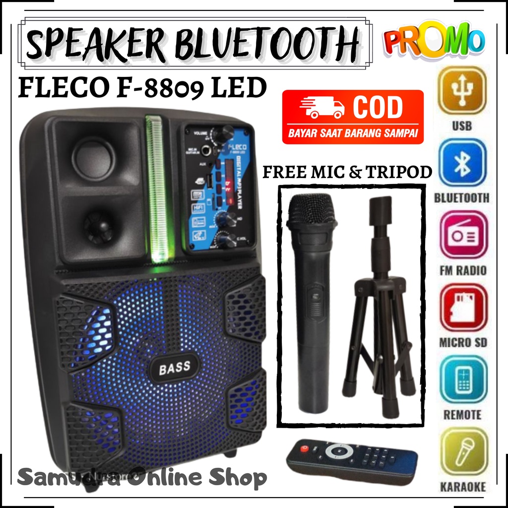 TERMURAH~SPEAKER BLUETOOTH FLECO F 8809 LED 8'5 INCH FREE MIC WIRELESS KARAOKE + REMOTE + STAND | SP