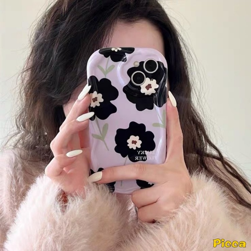 Casing Tepi Melengkung Bergelombang 3D Kompatibel Untuk IPhone 7Plus XR 78 6s 6plus 11 13 14 12 Pro Max X XS Max SE 2020 Ins Retro Black Flower Airbag Glossy Shockproof Soft Tpu Purple Cover