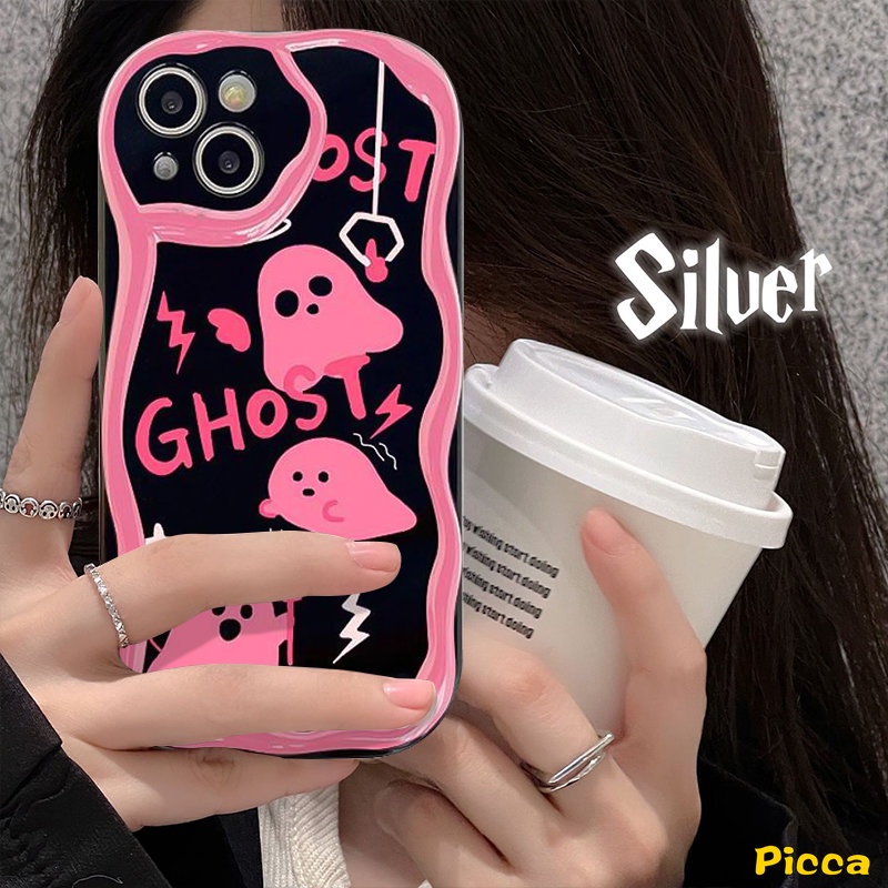 IPHONE Casing Ponsel 3D Wavy Curved Edge Glossy Shockproof Kompatibel Untuk Iphone11 13 12 14 Pro Max XR 78 6 6s Plus X XS Max SE 2020 Lucu Pink Soul Ghost Tpu Soft Cover