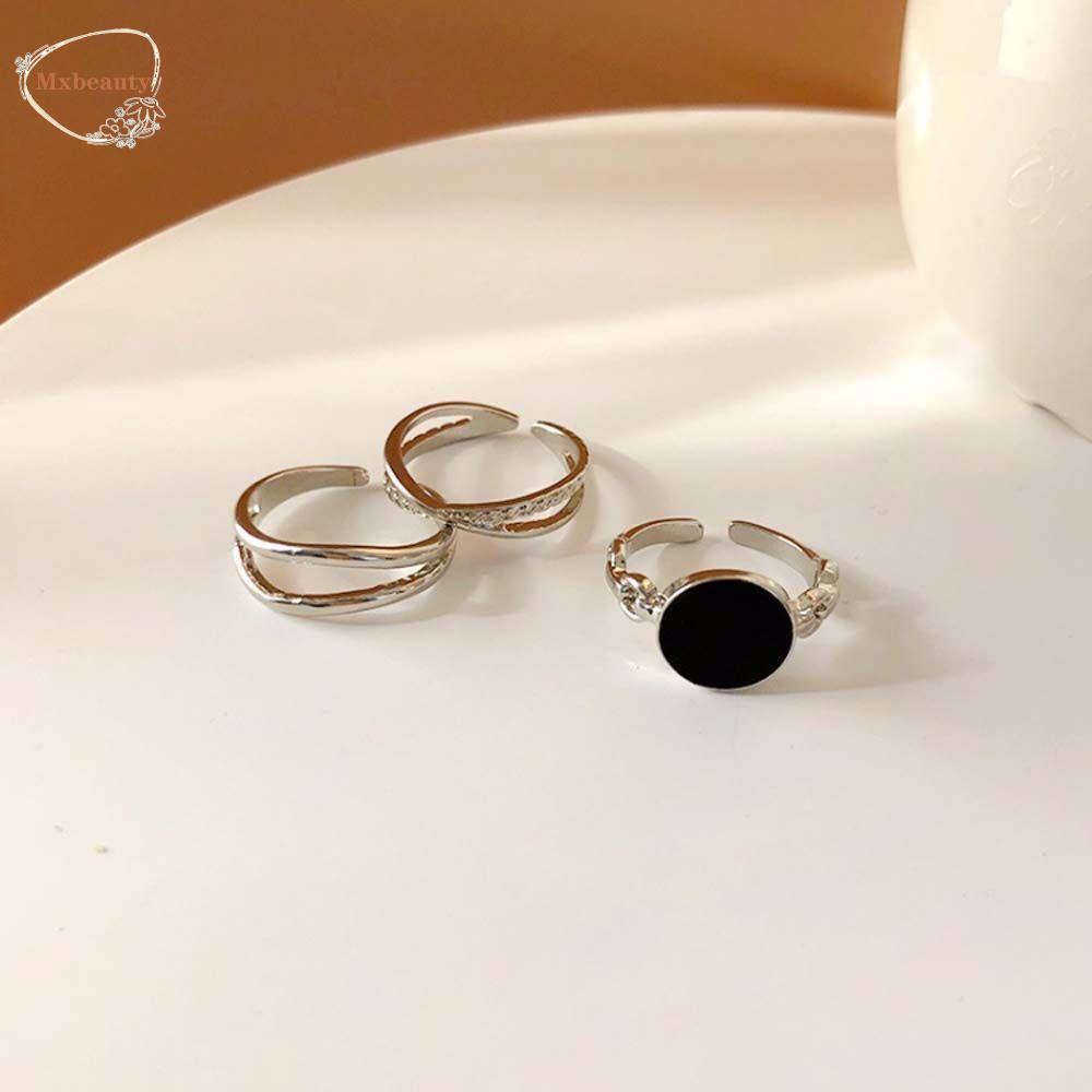MXBEAUTY 3Pcs/set Women Rings Temperament Korean Style Joint Ring Set Party Jewelry Fashion Accessories Black Gem Rhinestone Geometric Metal Friend Gifts Opening Ring/Multicolor