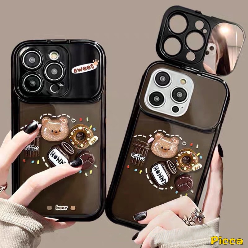 IPHONE Casing Cermin Make Up Flip Kreatif Kompatibel Untuk Iphone13 11 12 14 Pro Max7 8 14 Plus XR X XS MAX SE Kartun Lucu Mainan 3D Beruang Kopi Donat Casing Shockproof Soft Cover