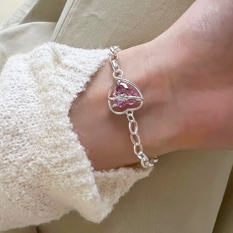 Yeezii Gelang Zircon Merah Muda Hati Manis Gelang Rantai Silver Untuk Aksesoris Perhiasan Wanita
