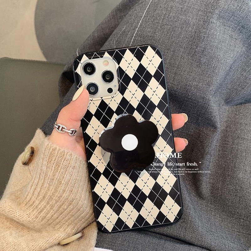 IPHONE Cover Casing Ponsel Kotak-Kotak Belah Ketupat Warna Kontras Dengan Holder Bunga Hitam Untuk Iphone7 8 PLUS X XR XS 11 12 13 14 MINI PRO MAX SE 2020