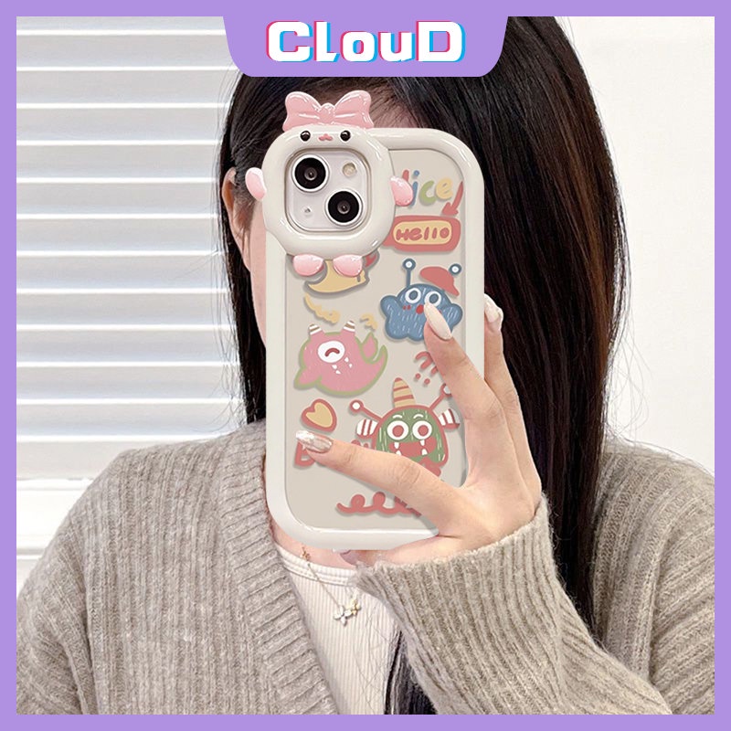 IPHONE Casing Ponsel Lensa Monster Kecil Busur 3D Kompatibel Untuk Iphone11 13 14 12 Pro Max7 8 14 6 6S Plus X XR XS MAX SE 2020 Kartun Monster Kecil Yang Lucu Lembut Tpu Penutup Belakang