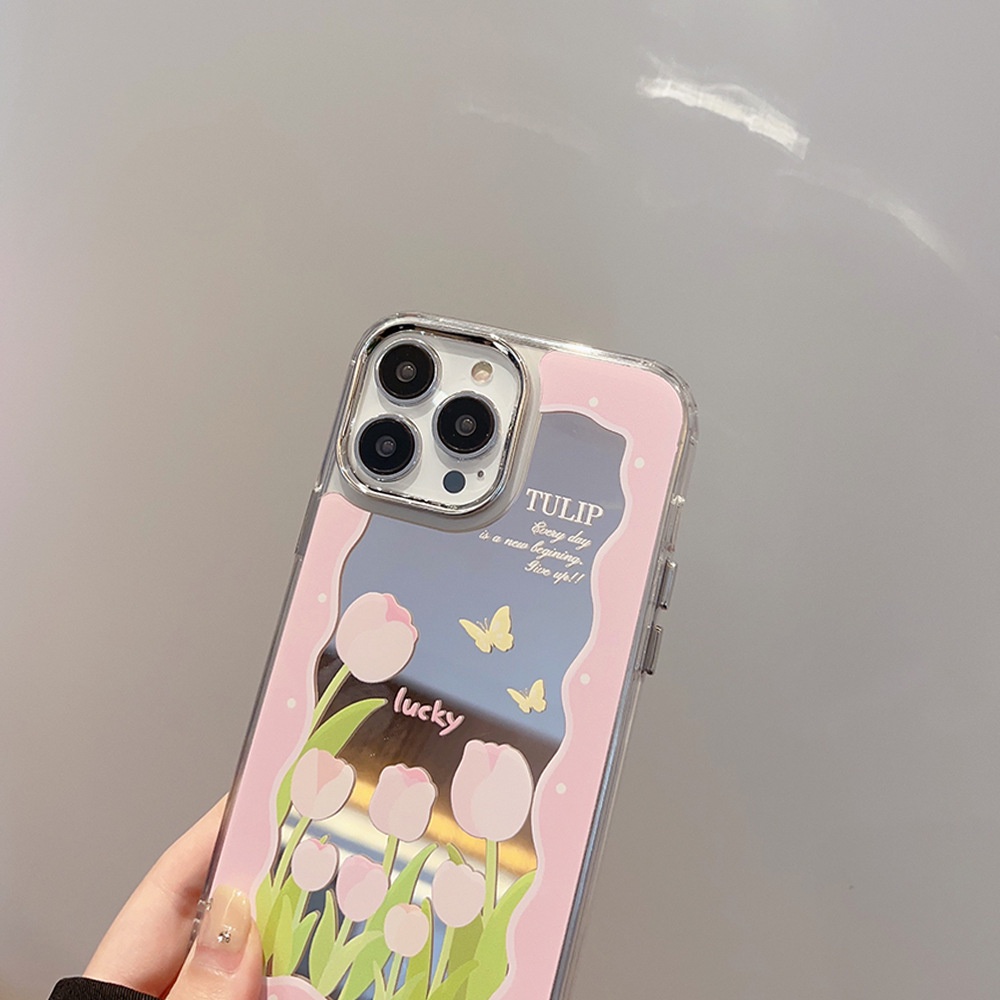 IPHONE Ins Pink Tulip Make Up Mirror Transparan Case Untuk Iphone14 11 12 13 PRO MAX Casing Cover Pelindung AT0215